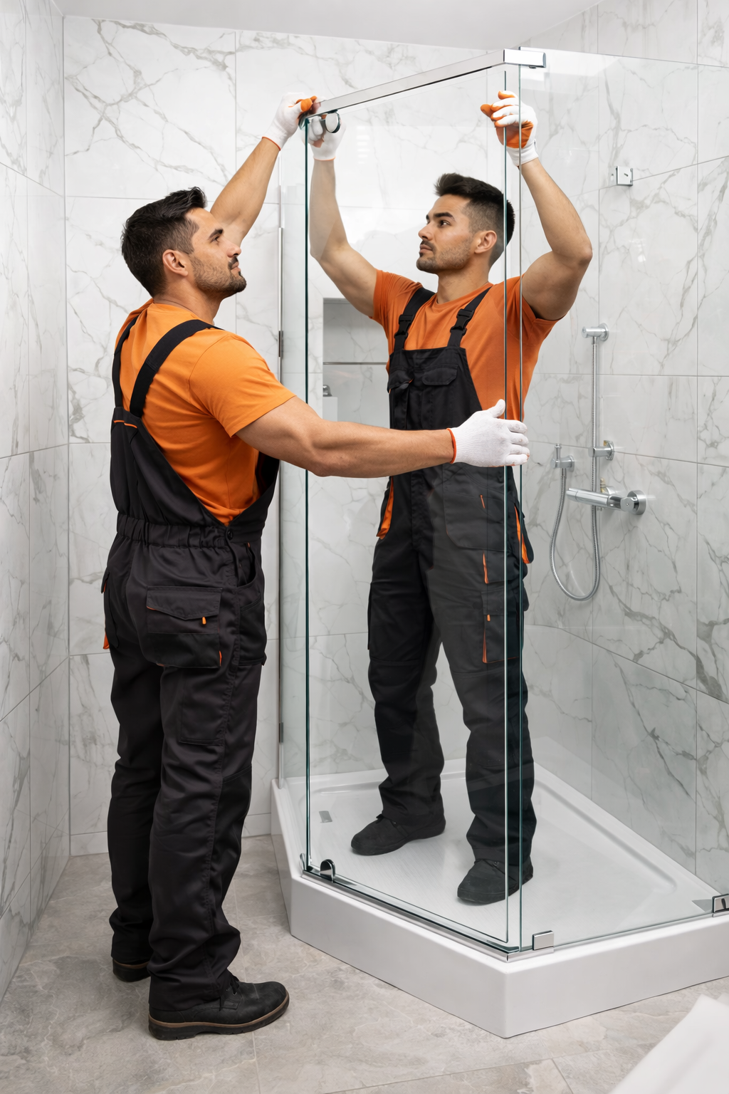 Two workers installing a frameless glass shower door in a modern marble-tiled bathroom, aligning the top hinge